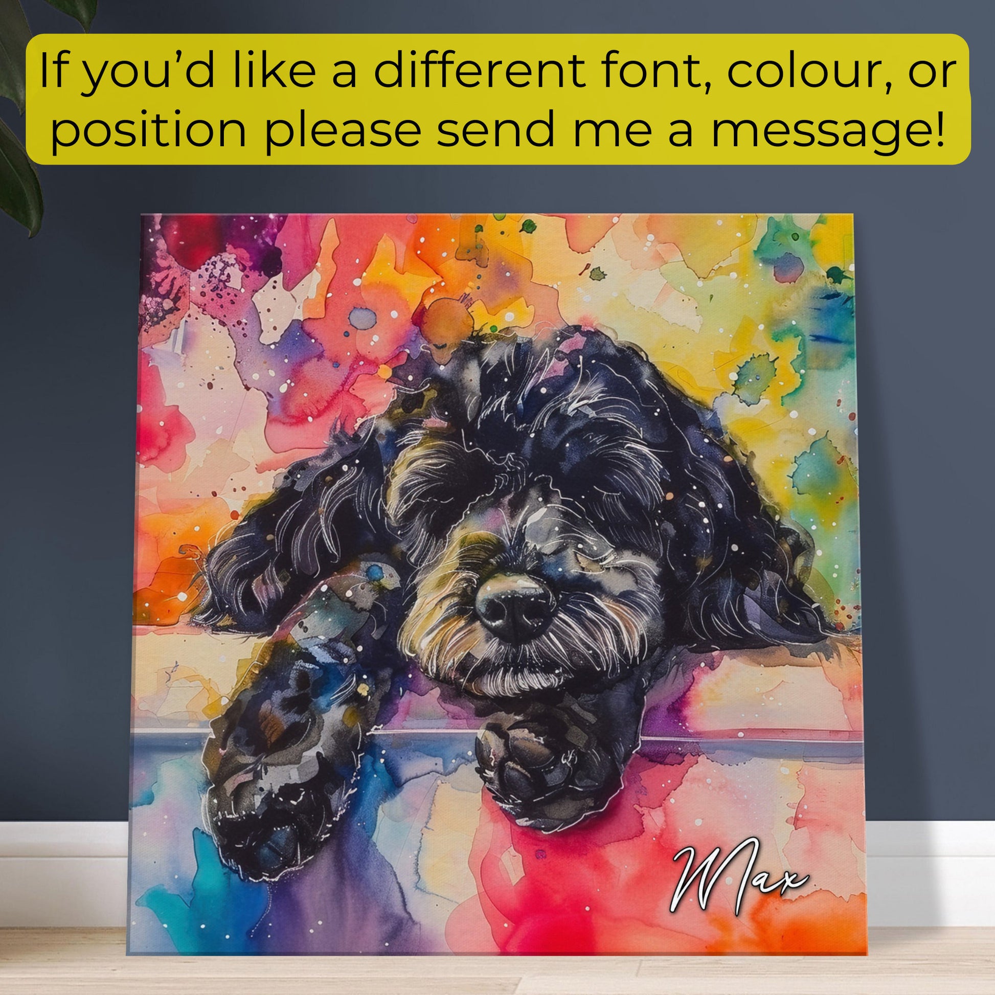 Personalised Black Cockapoo Canvas Print. Custom Dog Name. Sleeping Doodle Mom Dad Gift, Rainbow Watercolour Memorial Paint Splash Cavapoo - CanvasityCrafts - Free Shipping