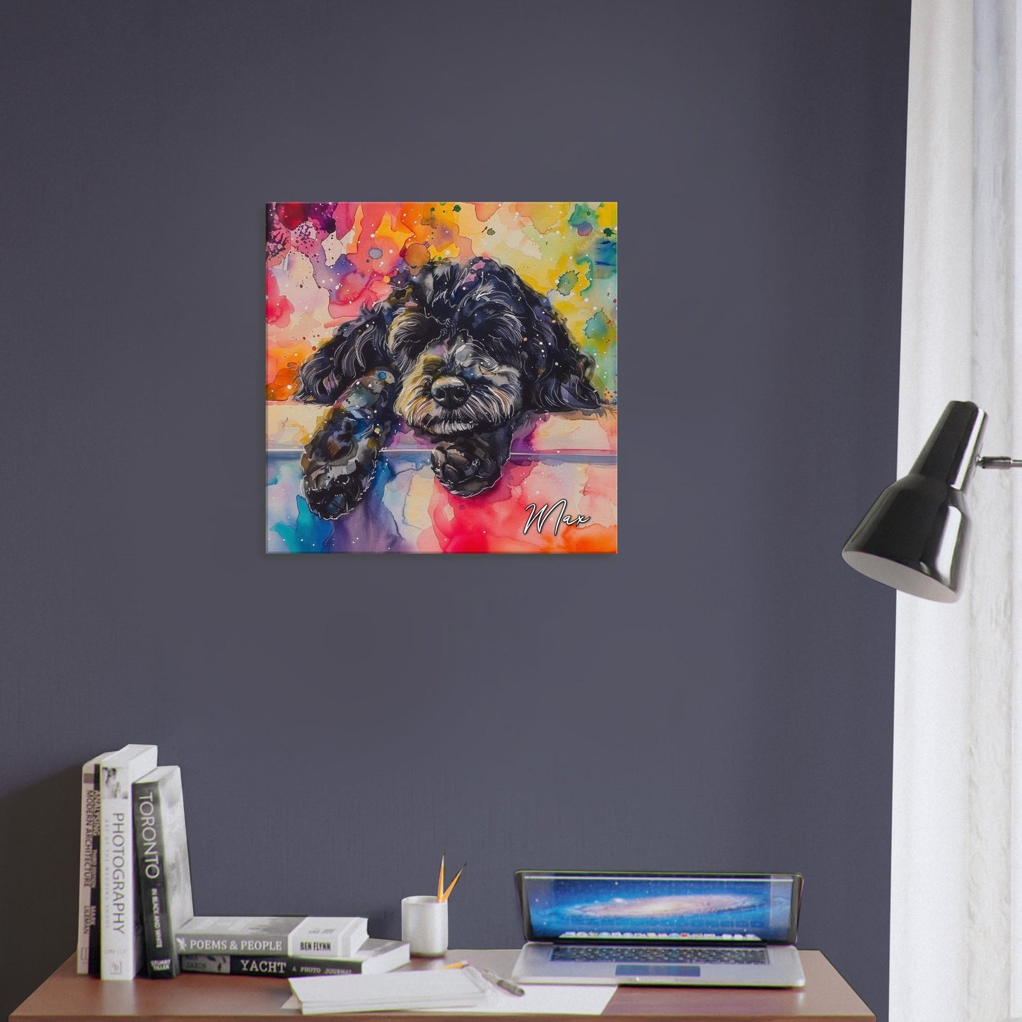 Personalised Black Cockapoo Canvas Print. Custom Dog Name. Sleeping Doodle Mom Dad Gift, Rainbow Watercolour Memorial Paint Splash Cavapoo - CanvasityCrafts - Free Shipping