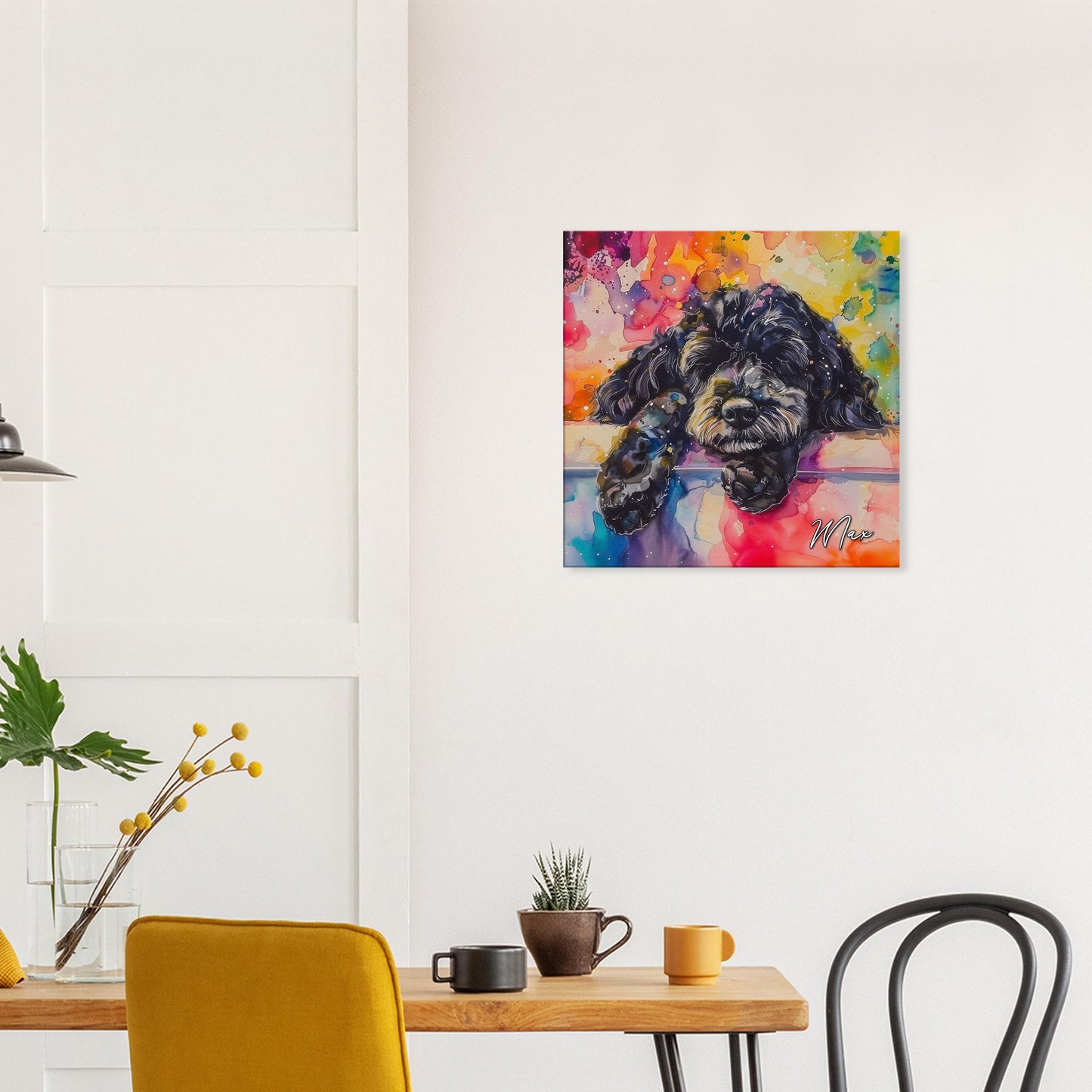 Personalised Black Cockapoo Canvas Print. Custom Dog Name. Sleeping Doodle Mom Dad Gift, Rainbow Watercolour Memorial Paint Splash Cavapoo - CanvasityCrafts - Free Shipping