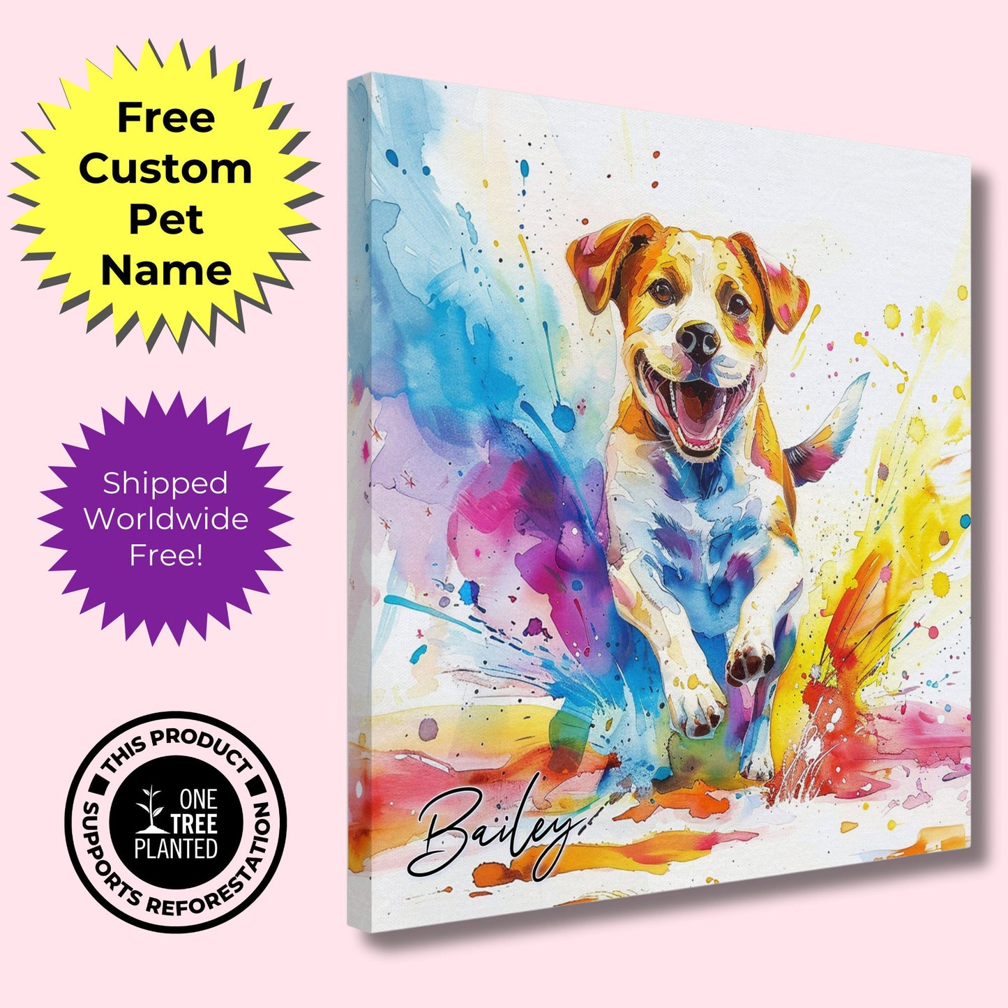 Personalised Beagle on the Beach Canvas Print. Custom Dog Name. Abstract Mom Dad Gift Rainbow Watercolour Pet Memorial Paint Splash Painting - CanvasityCrafts - Free Shipping