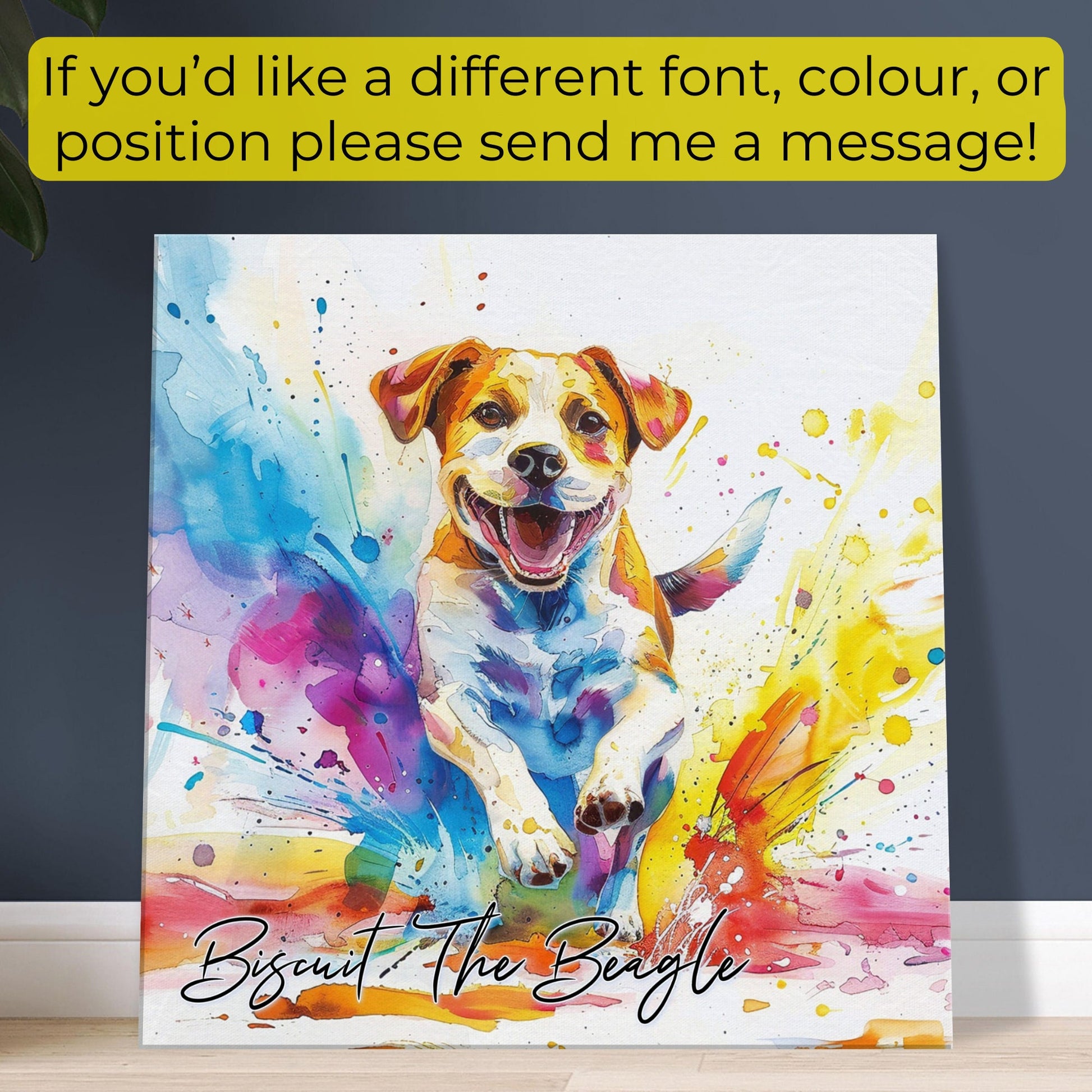 Personalised Beagle on the Beach Canvas Print. Custom Dog Name. Abstract Mom Dad Gift Rainbow Watercolour Pet Memorial Paint Splash Painting - CanvasityCrafts - Free Shipping