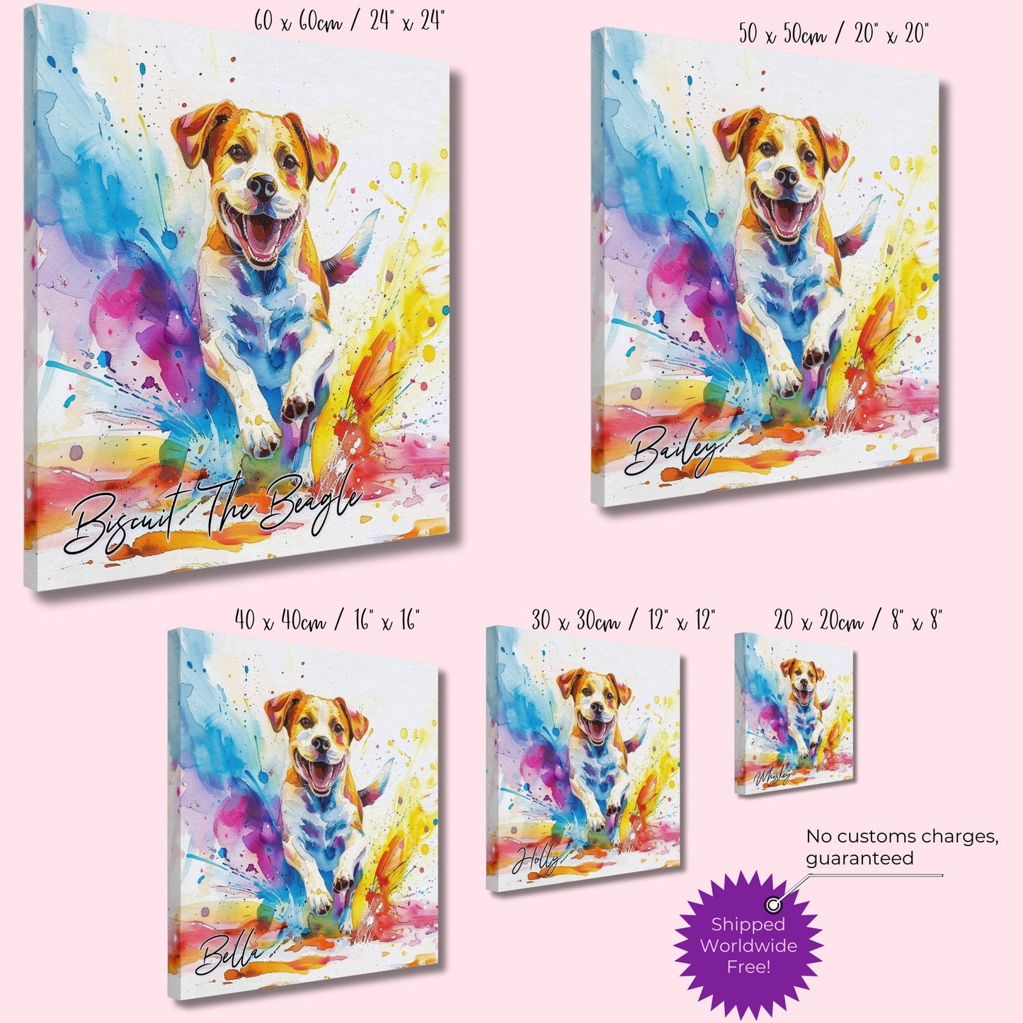 Personalised Beagle on the Beach Canvas Print. Custom Dog Name. Abstract Mom Dad Gift Rainbow Watercolour Pet Memorial Paint Splash Painting - CanvasityCrafts - Free Shipping