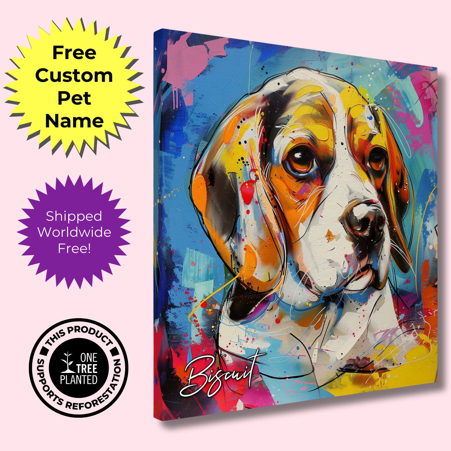 Abstract Beagle Portrait Canvas Print. Custom Dog Name, Mom, Dad Gift, Rainbow Watercolour Pet Memorial, Paint Splash Unique Oil Painting - CanvasityCrafts - Free Shipping