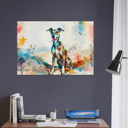 Personalised Greyhound at the Beach Canvas Print. Custom Dog Portrait Name, Mom Dad Gift, Rainbow Watercolour Memorial Paint Splash Painting - CanvasityCrafts - Free Shipping