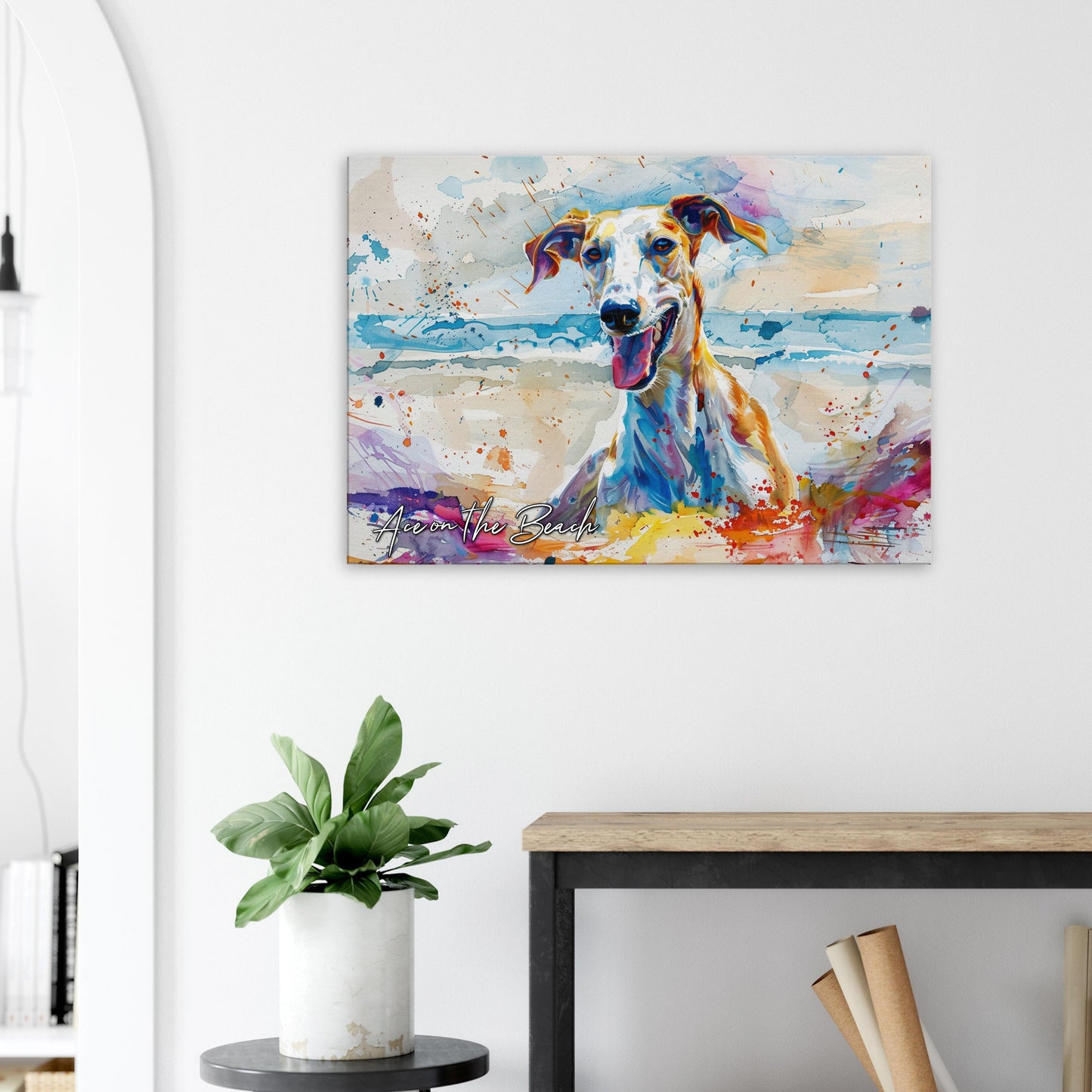 Personalised Greyhound at the Beach Canvas Print. Custom Dog Portrait Name, Mom Dad Gift, Rainbow Watercolour Memorial Paint Splash Painting - CanvasityCrafts - Free Shipping