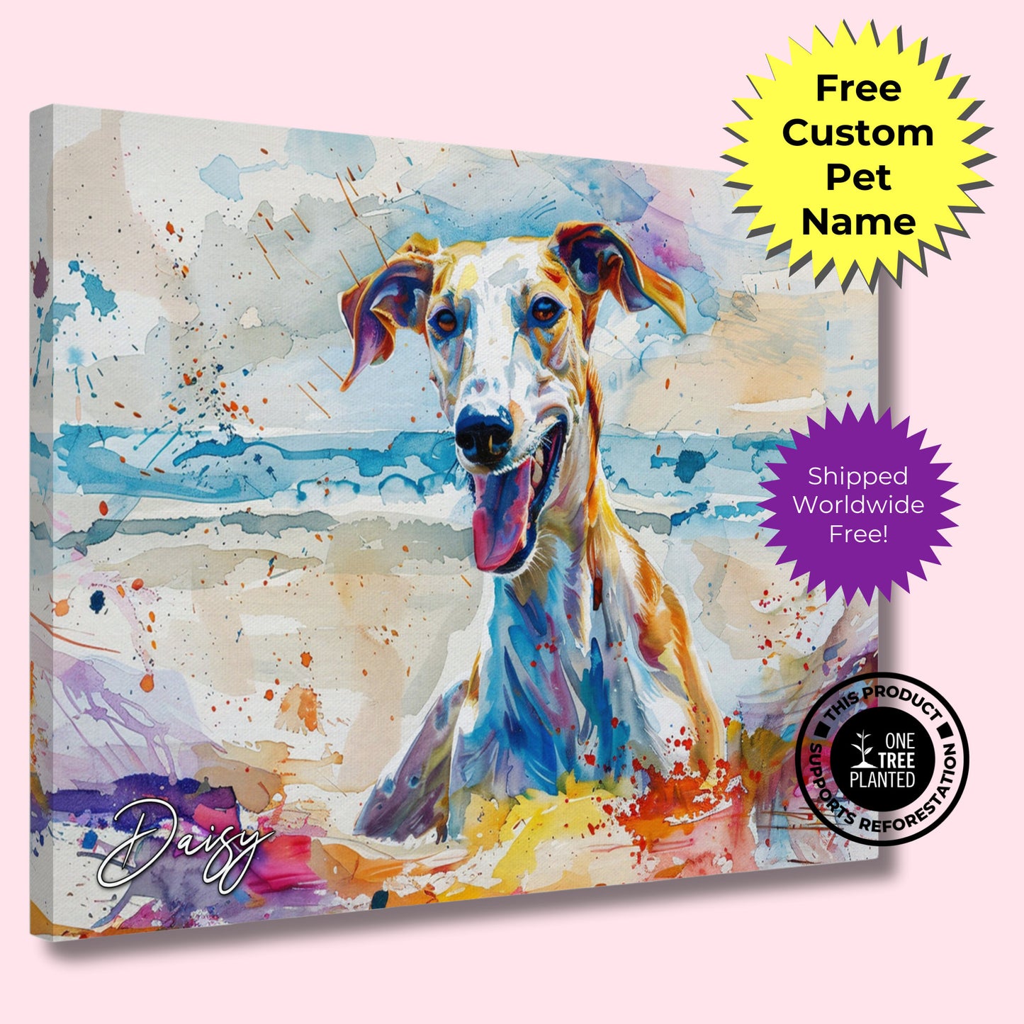 Personalised Greyhound at the Beach Canvas Print. Custom Dog Portrait Name, Mom Dad Gift, Rainbow Watercolour Memorial Paint Splash Painting - CanvasityCrafts - Free Shipping