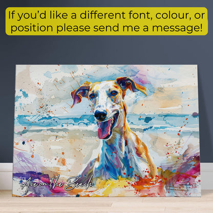 Personalised Greyhound at the Beach Canvas Print. Custom Dog Portrait Name, Mom Dad Gift, Rainbow Watercolour Memorial Paint Splash Painting - CanvasityCrafts - Free Shipping