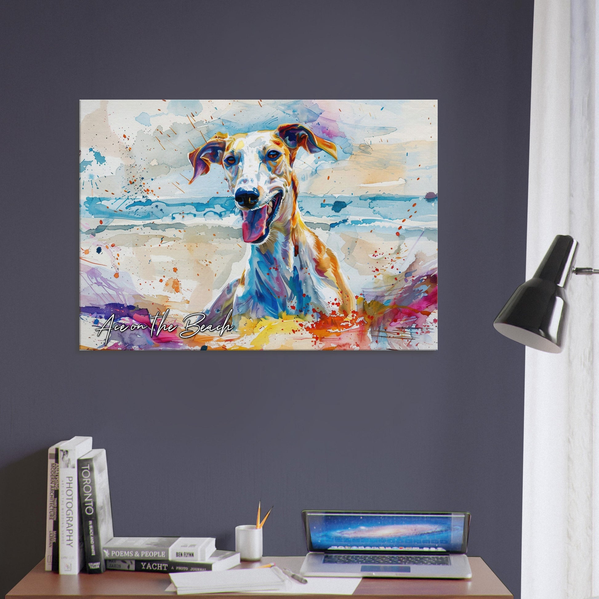 Personalised Greyhound at the Beach Canvas Print. Custom Dog Portrait Name, Mom Dad Gift, Rainbow Watercolour Memorial Paint Splash Painting - CanvasityCrafts - Free Shipping