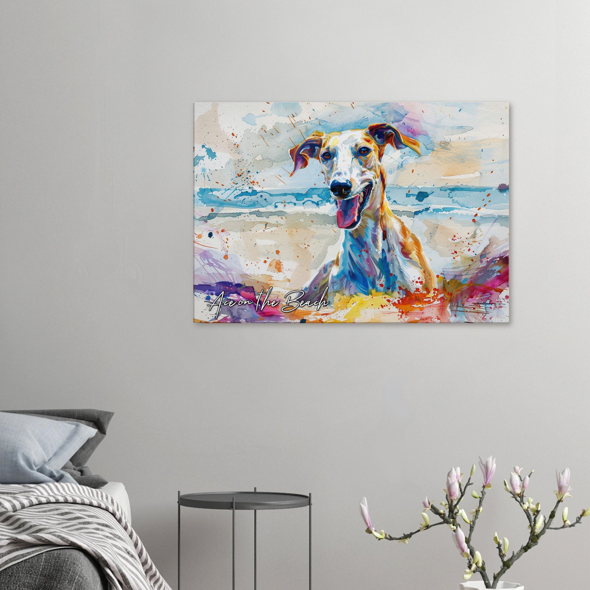 Personalised Greyhound at the Beach Canvas Print. Custom Dog Portrait Name, Mom Dad Gift, Rainbow Watercolour Memorial Paint Splash Painting - CanvasityCrafts - Free Shipping