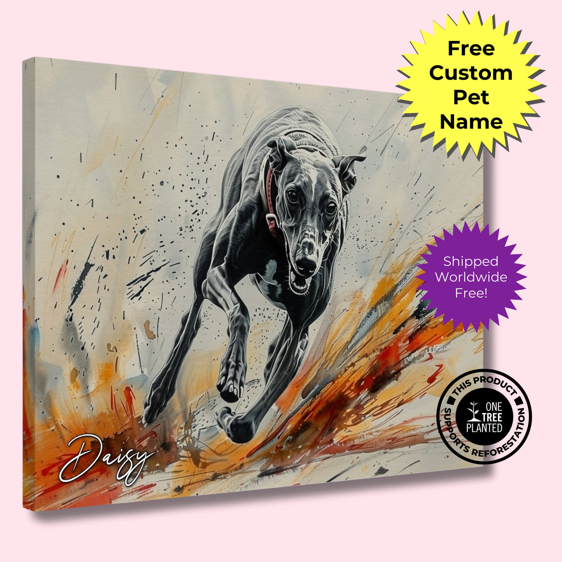 Personalised Greyhound Racing Canvas Print. Custom Dog Portrait Name, Mom Dad Gift, Rainbow Watercolour Memorial Paint Splash Painting - CanvasityCrafts - Free Shipping