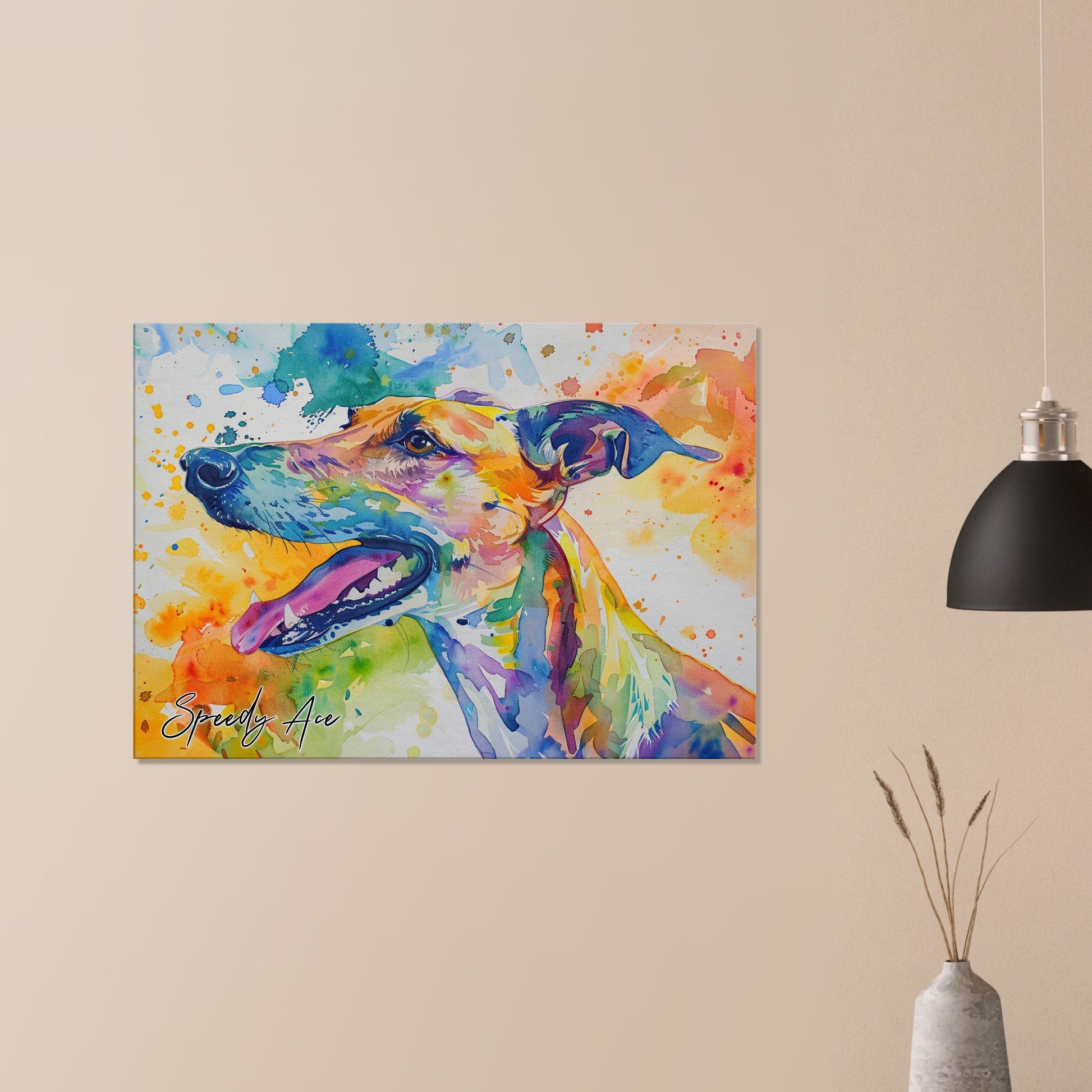 Personalised Greyhound Multicolour Canvas Print. Custom Dog Portrait Name, Mom Dad Gift, Rainbow Watercolour Memorial Paint Splash Painting - CanvasityCrafts - Free Shipping