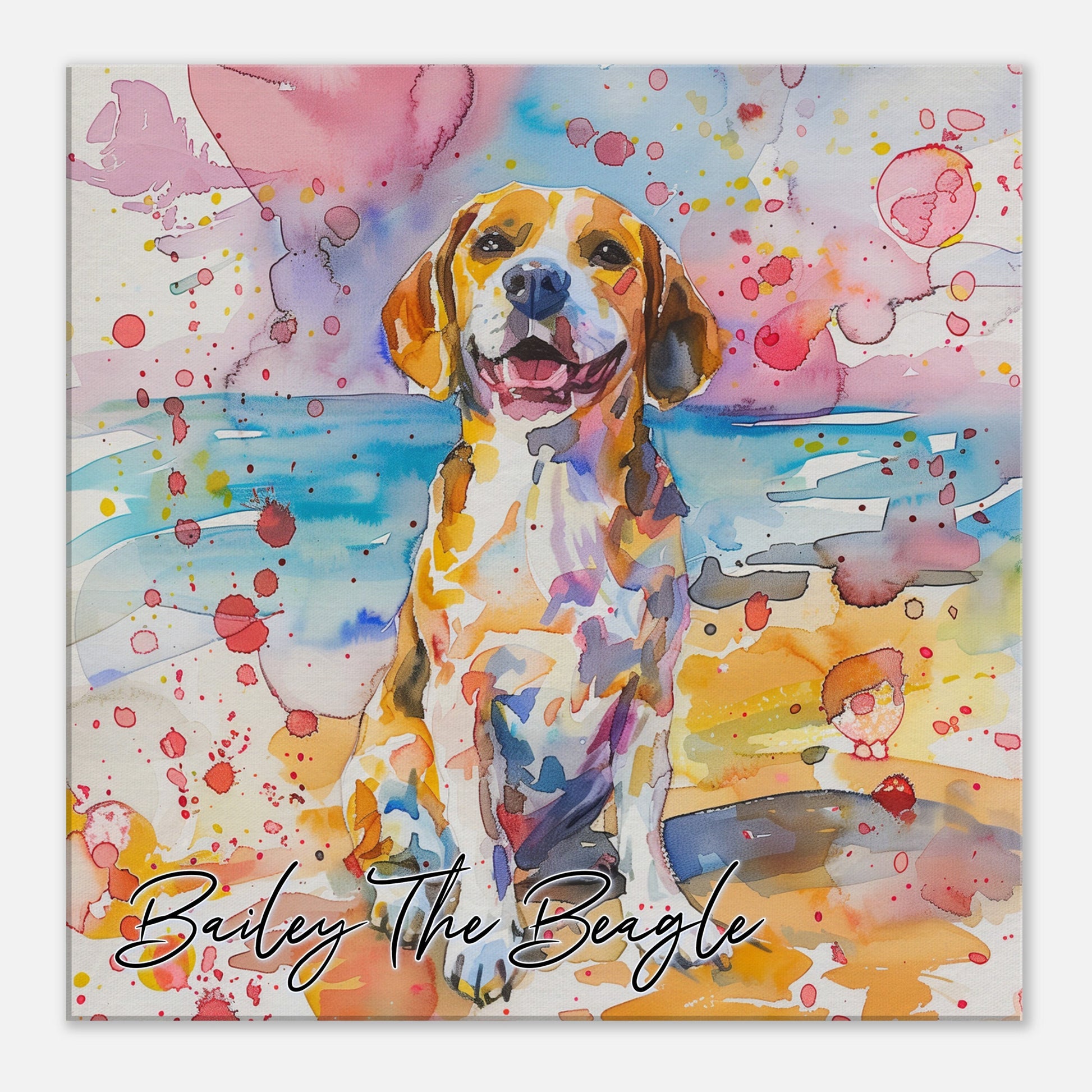 Beagle on the Beach Canvas Print. Custom Dog Name. Mom, Dad Gift, Rainbow Watercolour Pet Memorial, Paint Splash Painting, Happy Doggy! - CanvasityCrafts - Free Shipping