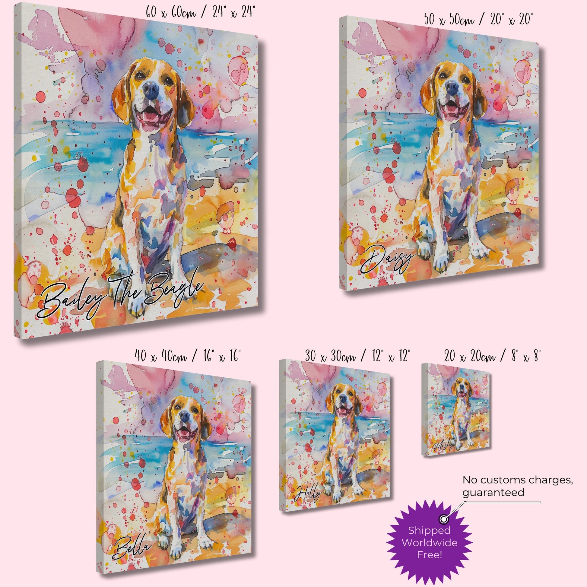 Beagle on the Beach Canvas Print. Custom Dog Name. Mom, Dad Gift, Rainbow Watercolour Pet Memorial, Paint Splash Painting, Happy Doggy! - CanvasityCrafts - Free Shipping