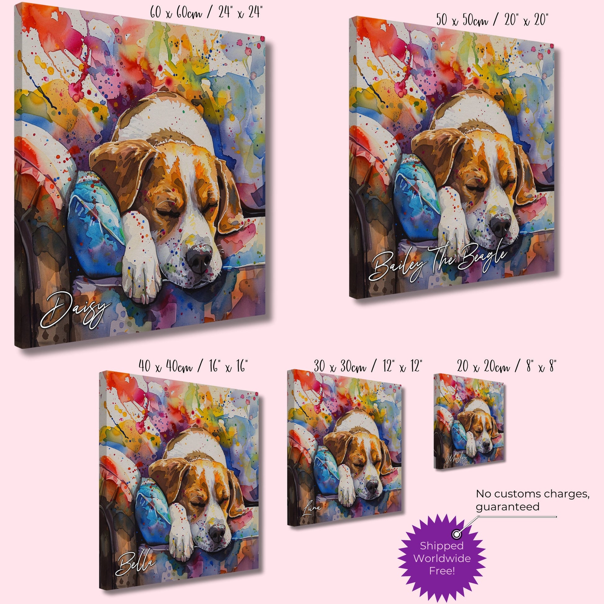 Sleepy Beagle Canvas Print. Custom Dog Name. Mom, Dad Gift, Rainbow Watercolour Sleeping Pet Memorial, Paint Splash Painting, Personized - CanvasityCrafts - Free Shipping