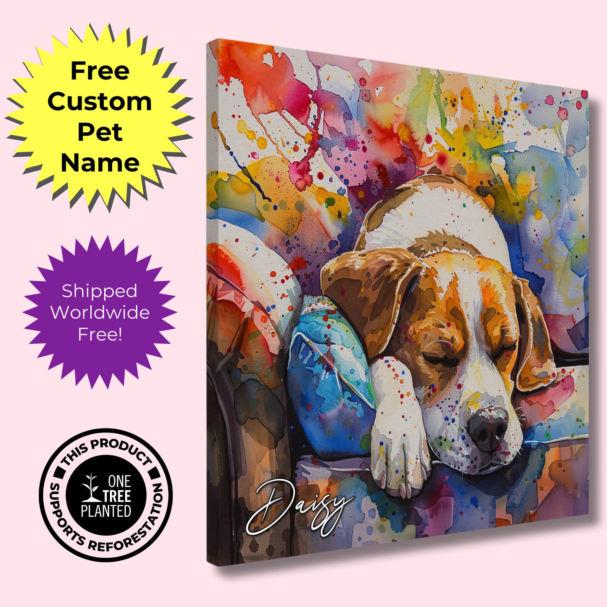 Sleepy Beagle Canvas Print. Custom Dog Name. Mom, Dad Gift, Rainbow Watercolour Sleeping Pet Memorial, Paint Splash Painting, Personized - CanvasityCrafts - Free Shipping