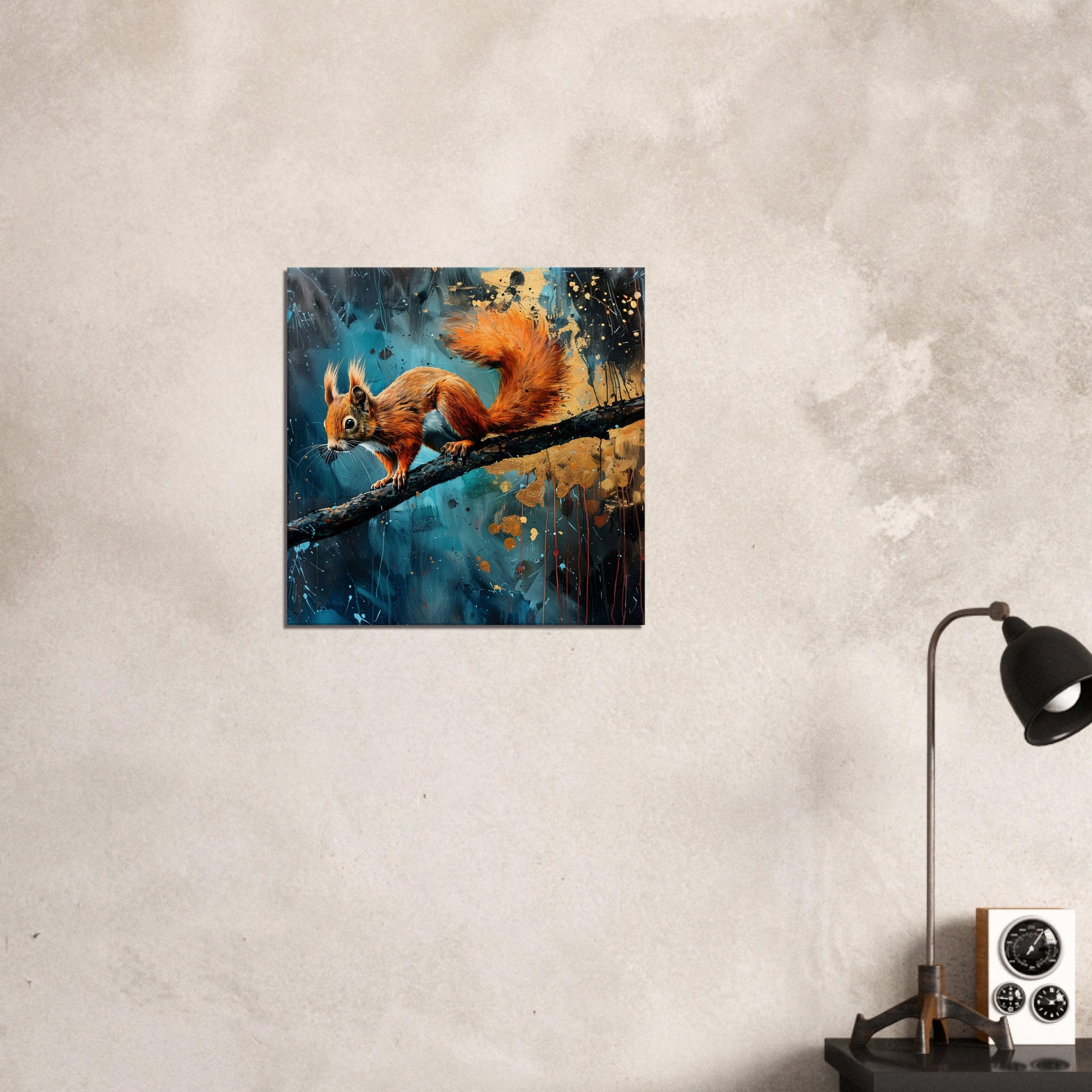 Red Squirrel Canvas Print. Oil Painting Modern Home Decor, Tree Wall Art Picture, Blue Orange Animal Painting, Nut Lover Gift - CanvasityCrafts - Free Shipping