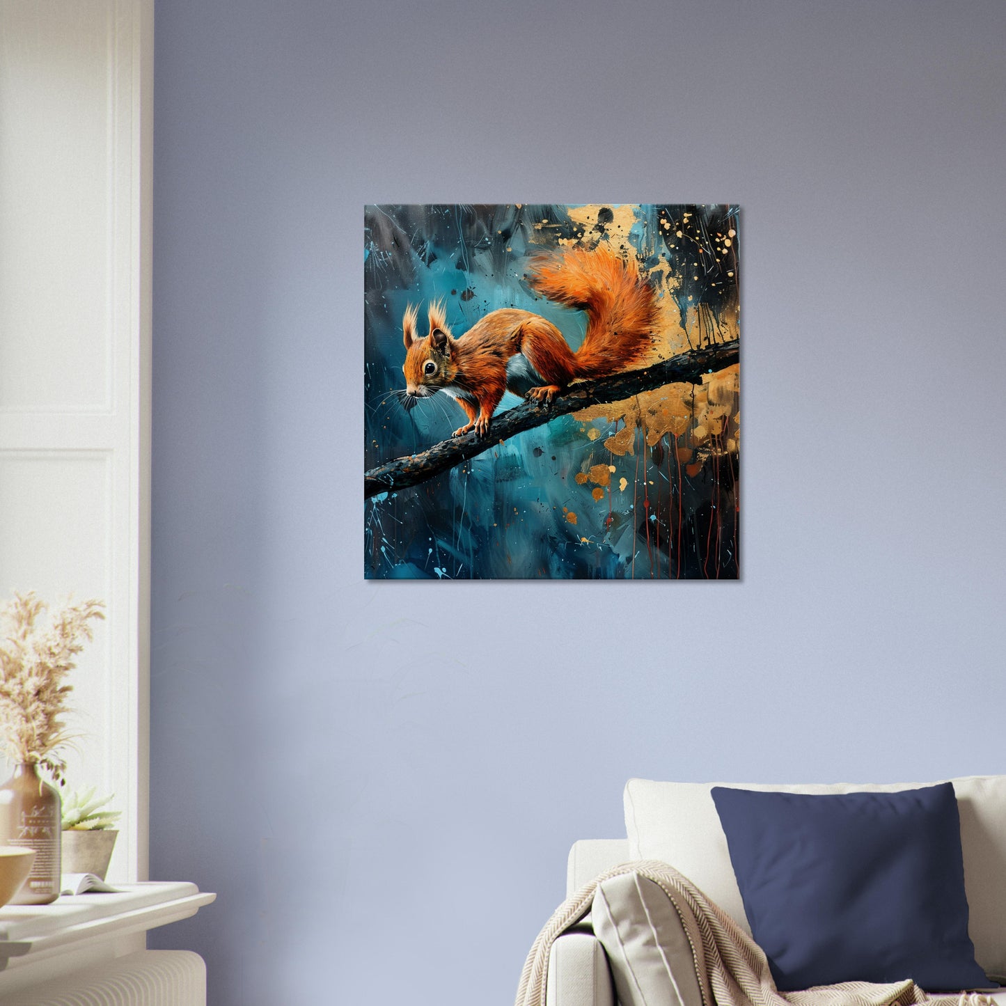 Red Squirrel Canvas Print. Oil Painting Modern Home Decor, Tree Wall Art Picture, Blue Orange Animal Painting, Nut Lover Gift - CanvasityCrafts - Free Shipping