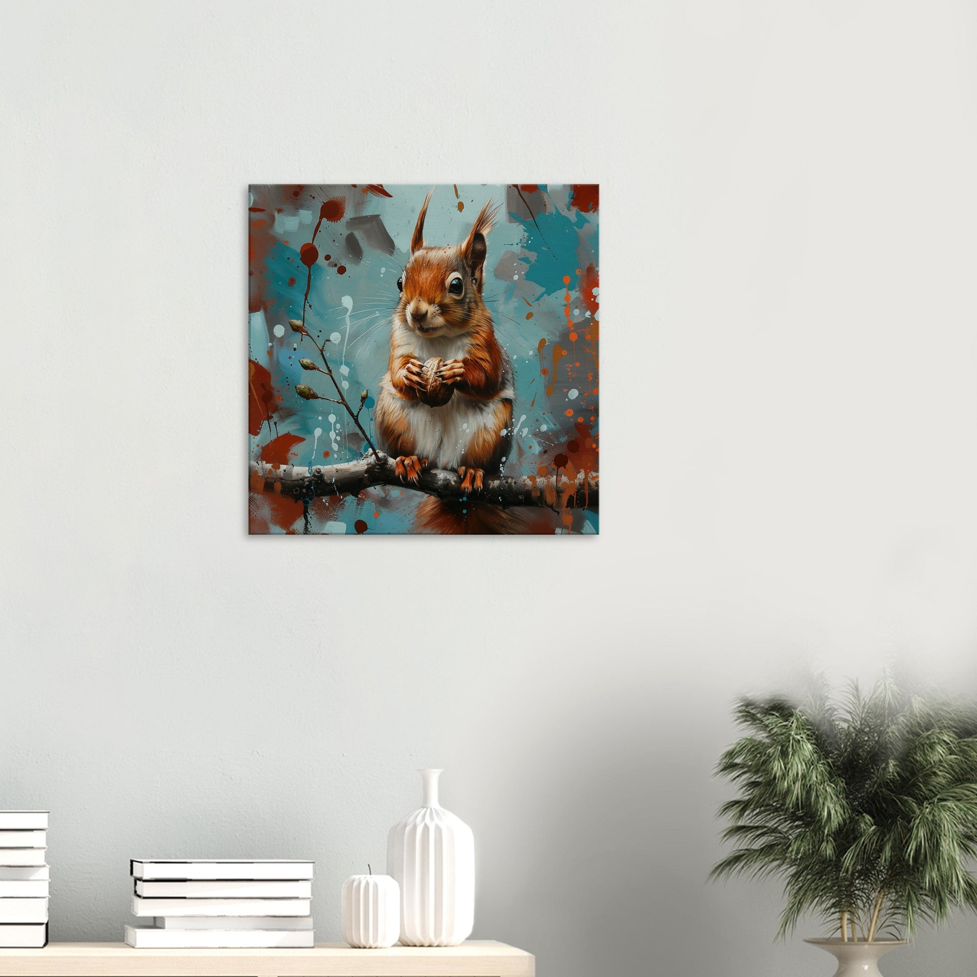 Red Squirrel Canvas Print. Oil Painting Modern Home Decor, Tree Wall Art Picture, Blue Red Animal Painting, Nut Lover Gift - CanvasityCrafts - Free Shipping