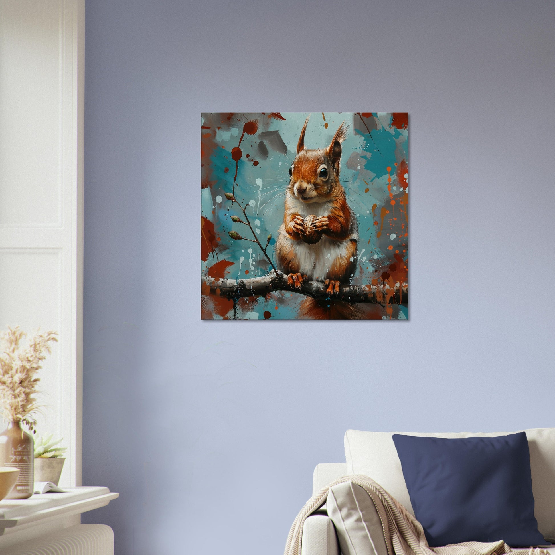 Red Squirrel Canvas Print. Oil Painting Modern Home Decor, Tree Wall Art Picture, Blue Red Animal Painting, Nut Lover Gift - CanvasityCrafts - Free Shipping