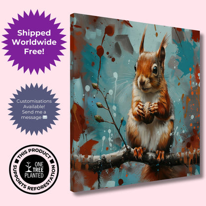 Red Squirrel Canvas Print. Oil Painting Modern Home Decor, Tree Wall Art Picture, Blue Red Animal Painting, Nut Lover Gift - CanvasityCrafts - Free Shipping