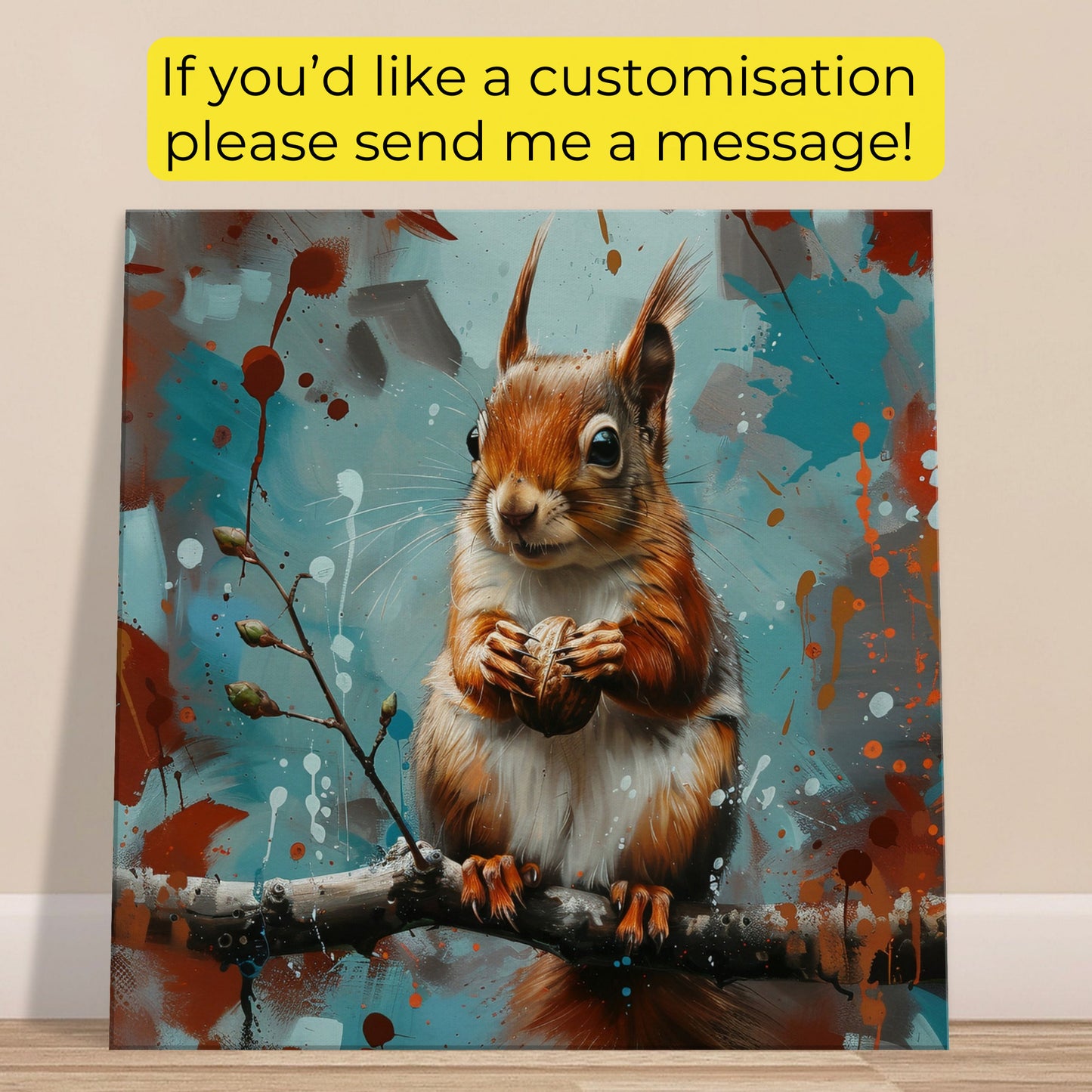 Red Squirrel Canvas Print. Oil Painting Modern Home Decor, Tree Wall Art Picture, Blue Red Animal Painting, Nut Lover Gift - CanvasityCrafts - Free Shipping