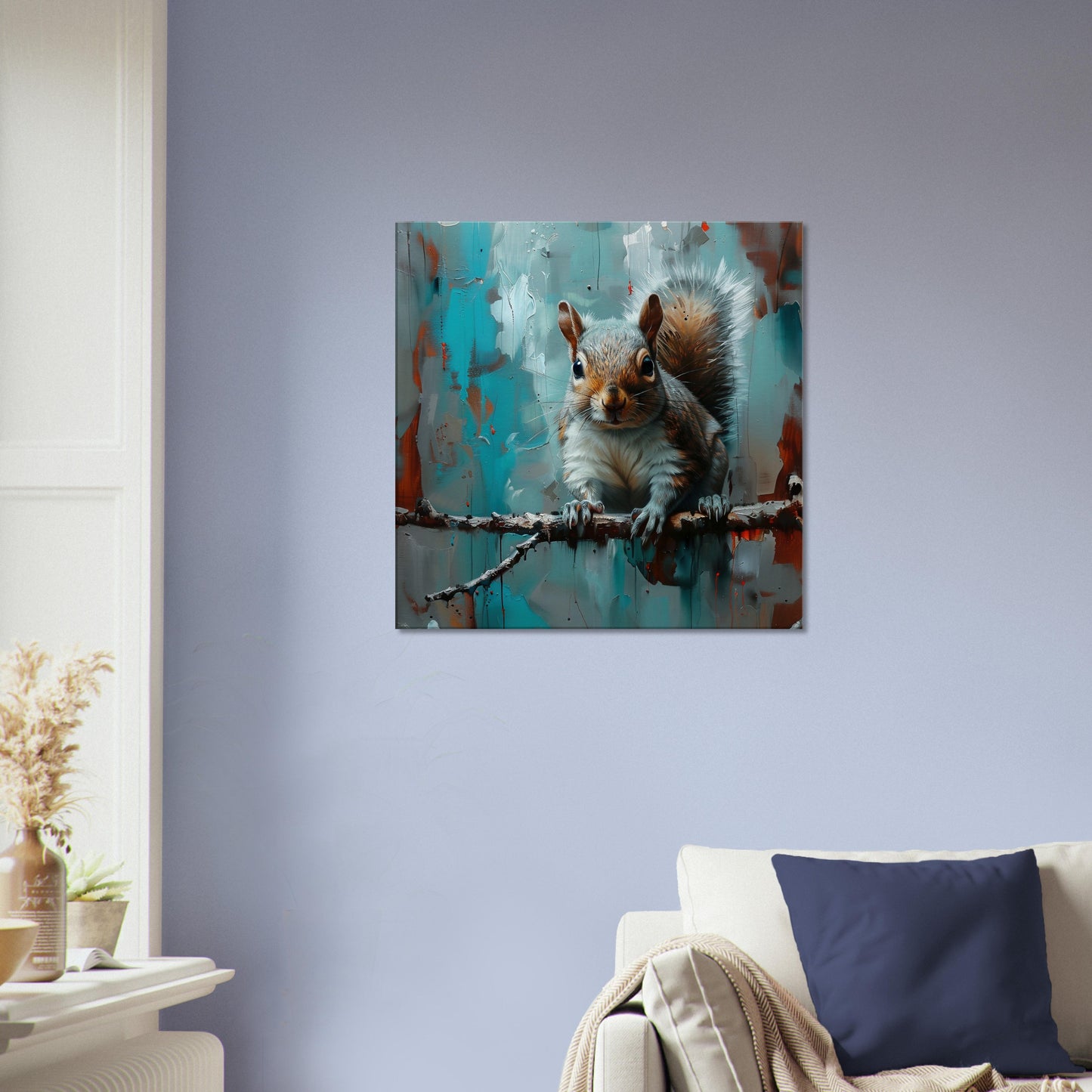 Grey Squirrel Canvas Print. Oil Painting Modern Home Decor, Gray Tree Wall Art Picture, Blue Teal Animal Painting, Nut Lover Gift - CanvasityCrafts - Free Shipping