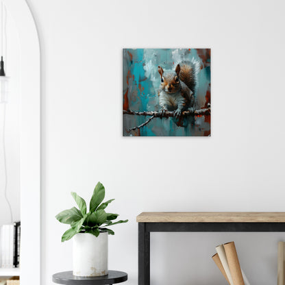 Grey Squirrel Canvas Print. Oil Painting Modern Home Decor, Gray Tree Wall Art Picture, Blue Teal Animal Painting, Nut Lover Gift - CanvasityCrafts - Free Shipping