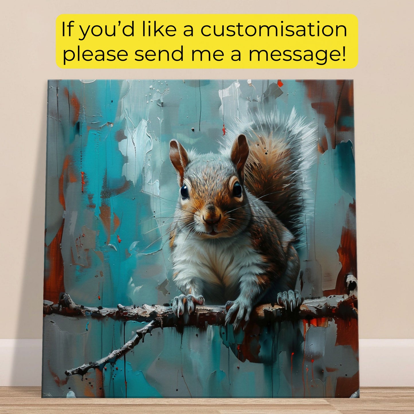 Grey Squirrel Canvas Print. Oil Painting Modern Home Decor, Gray Tree Wall Art Picture, Blue Teal Animal Painting, Nut Lover Gift - CanvasityCrafts - Free Shipping