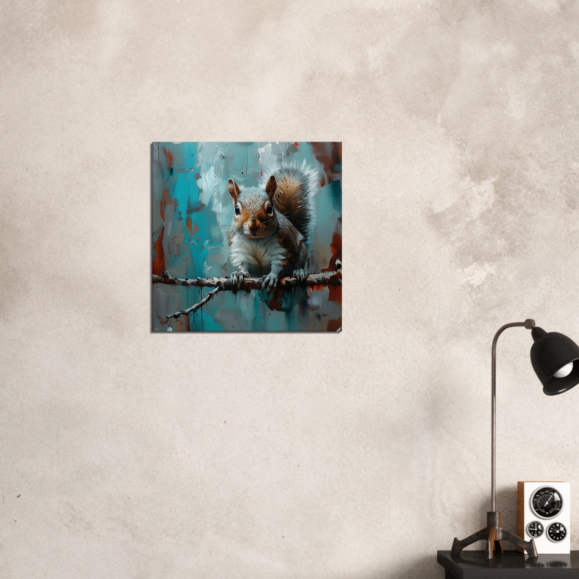 Grey Squirrel Canvas Print. Oil Painting Modern Home Decor, Gray Tree Wall Art Picture, Blue Teal Animal Painting, Nut Lover Gift - CanvasityCrafts - Free Shipping