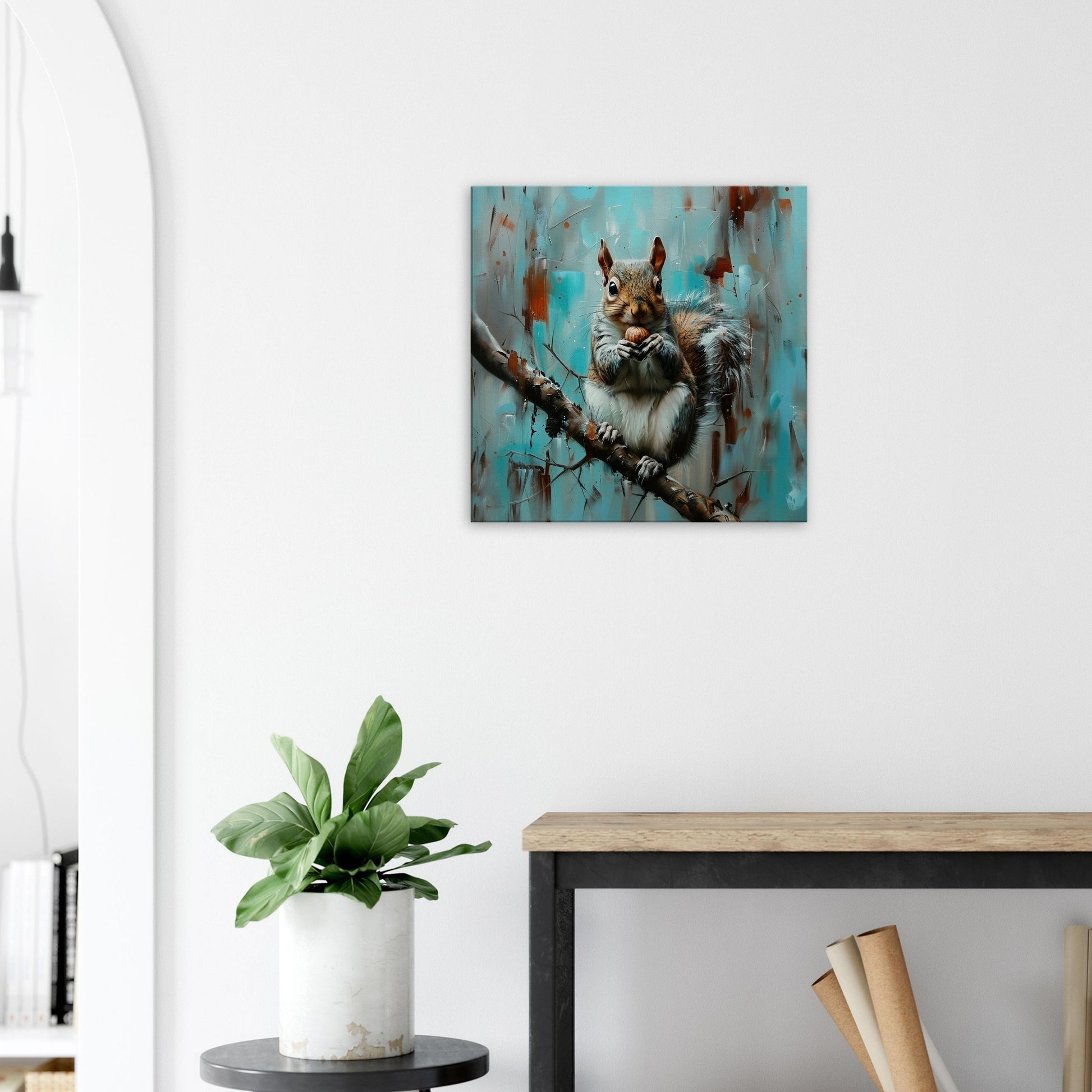 Grey Squirrel Canvas Print. Oil Painting Modern Home Decor, Gray Tree Wall Art Picture, Blue Teal Animal Painting, Nut Lover Gift - CanvasityCrafts - Free Shipping