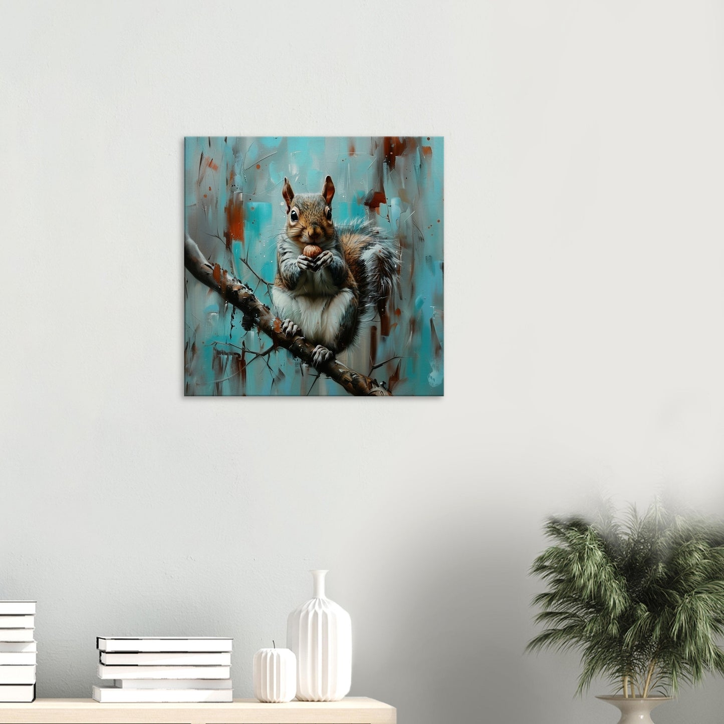 Grey Squirrel Canvas Print. Oil Painting Modern Home Decor, Gray Tree Wall Art Picture, Blue Teal Animal Painting, Nut Lover Gift - CanvasityCrafts - Free Shipping