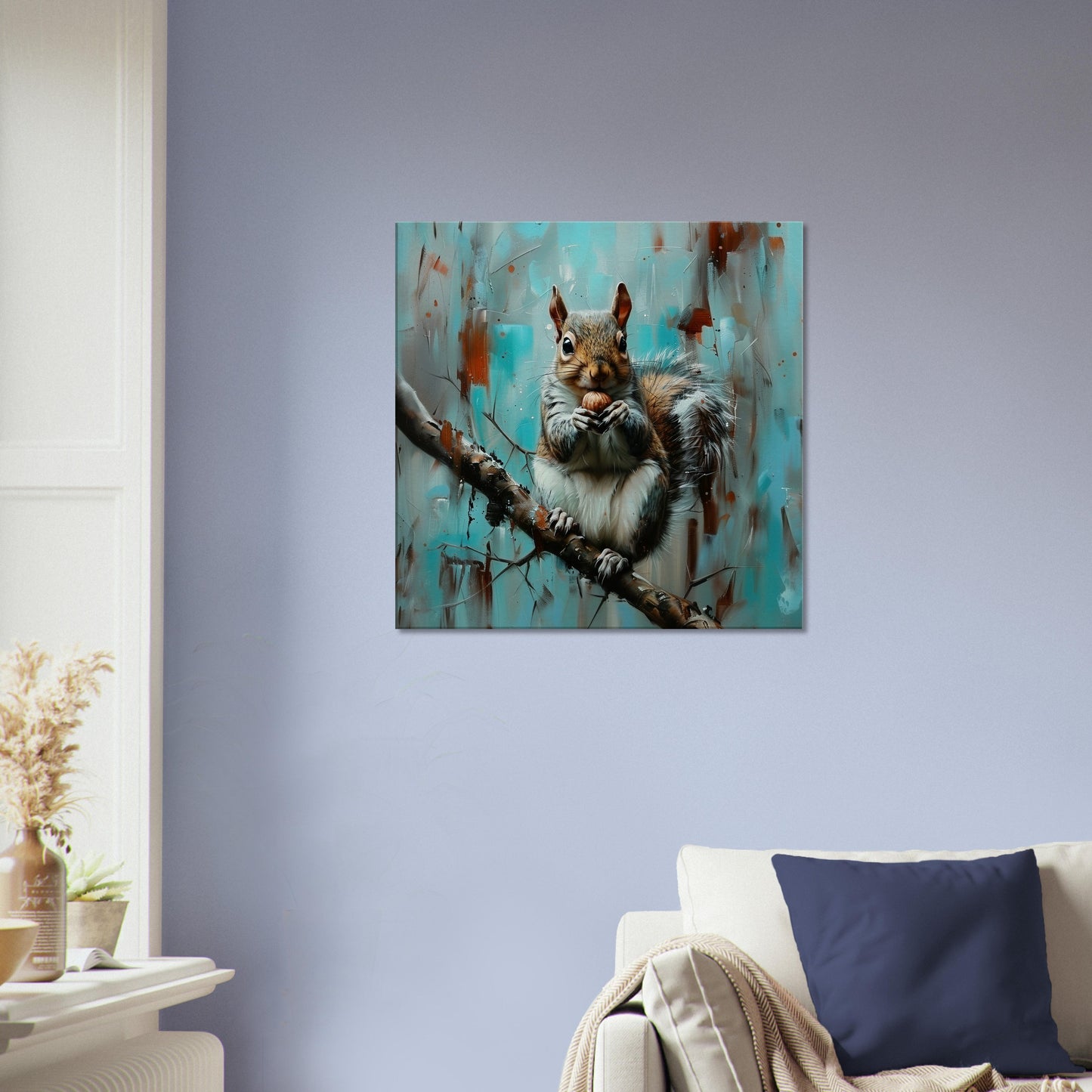 Grey Squirrel Canvas Print. Oil Painting Modern Home Decor, Gray Tree Wall Art Picture, Blue Teal Animal Painting, Nut Lover Gift - CanvasityCrafts - Free Shipping