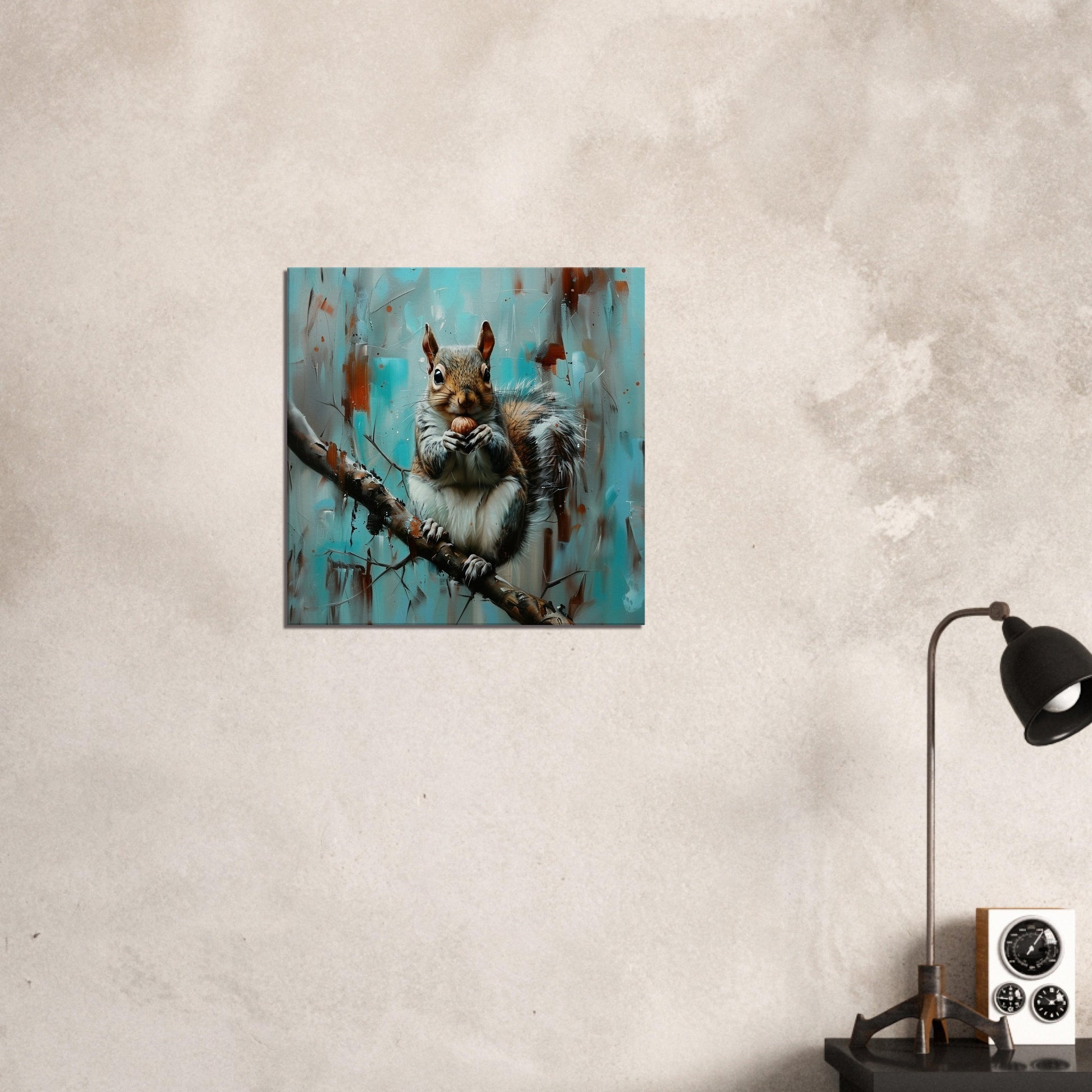 Grey Squirrel Canvas Print. Oil Painting Modern Home Decor, Gray Tree Wall Art Picture, Blue Teal Animal Painting, Nut Lover Gift - CanvasityCrafts - Free Shipping