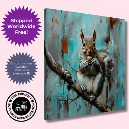 Grey Squirrel Canvas Print. Oil Painting Modern Home Decor, Gray Tree Wall Art Picture, Blue Teal Animal Painting, Nut Lover Gift - CanvasityCrafts - Free Shipping