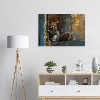 Cute Grey Squirrel Canvas Print. Oil Painting Modern Home Decor, Gray Blue Gold Wall Art Picture, Cute Animal Painting, Nut Lover Gift - CanvasityCrafts - Free Shipping