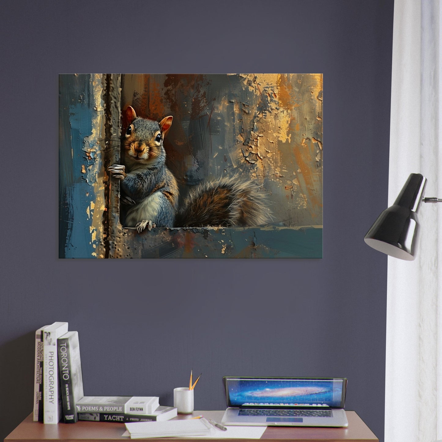 Cute Grey Squirrel Canvas Print. Oil Painting Modern Home Decor, Gray Blue Gold Wall Art Picture, Cute Animal Painting, Nut Lover Gift - CanvasityCrafts - Free Shipping