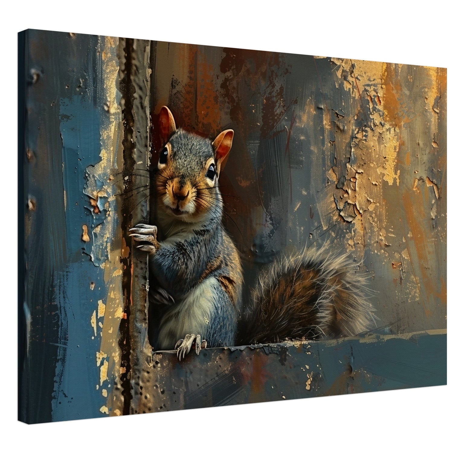 Cute Grey Squirrel Canvas Print. Oil Painting Modern Home Decor, Gray Blue Gold Wall Art Picture, Cute Animal Painting, Nut Lover Gift - CanvasityCrafts - Free Shipping