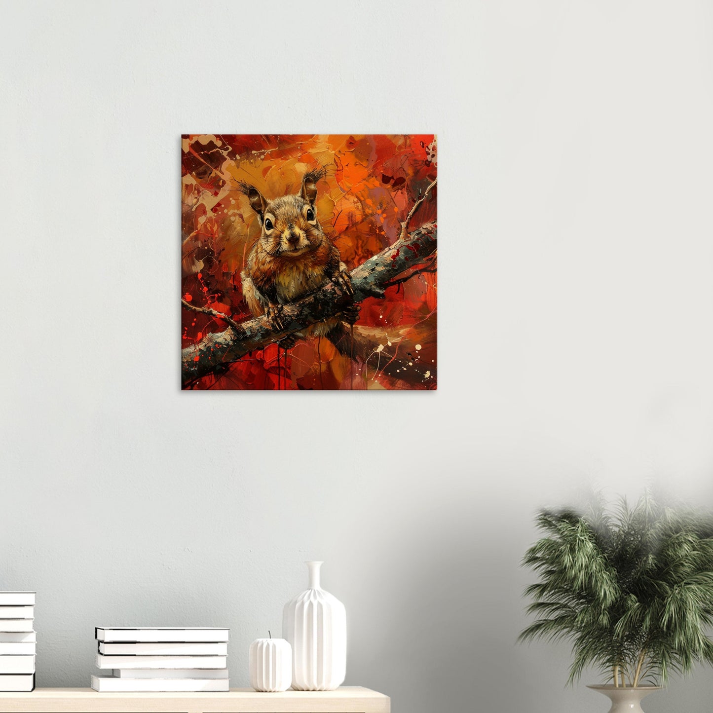 Red Squirrel Canvas Print. Red Orange Oil Painting, Modern Home Decor, Tree Wall Art Picture, Colourful Animal Painting, Nut Lover Gift - CanvasityCrafts - Free Shipping