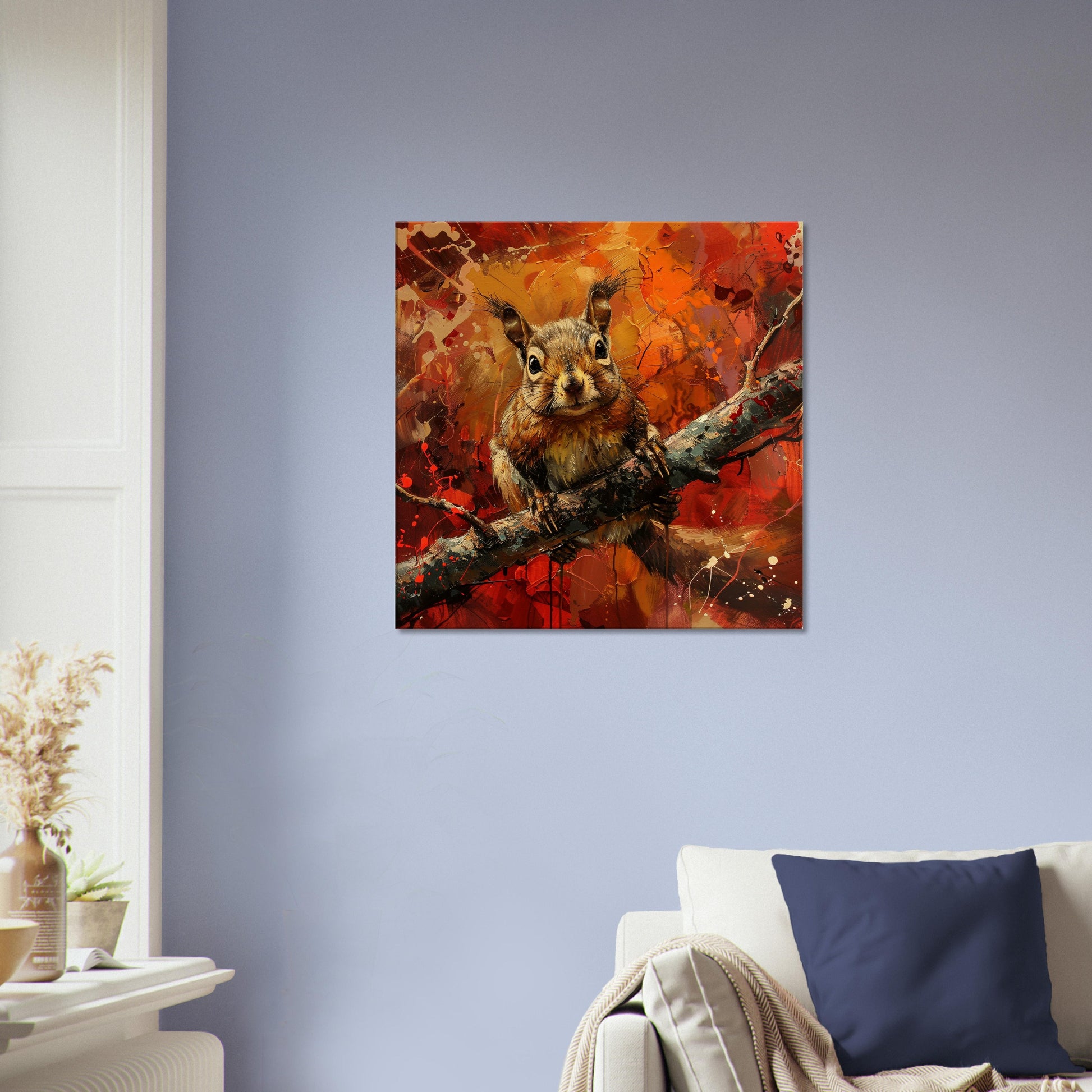 Red Squirrel Canvas Print. Red Orange Oil Painting, Modern Home Decor, Tree Wall Art Picture, Colourful Animal Painting, Nut Lover Gift - CanvasityCrafts - Free Shipping