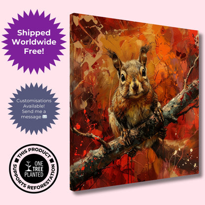 Red Squirrel Canvas Print. Red Orange Oil Painting, Modern Home Decor, Tree Wall Art Picture, Colourful Animal Painting, Nut Lover Gift - CanvasityCrafts - Free Shipping