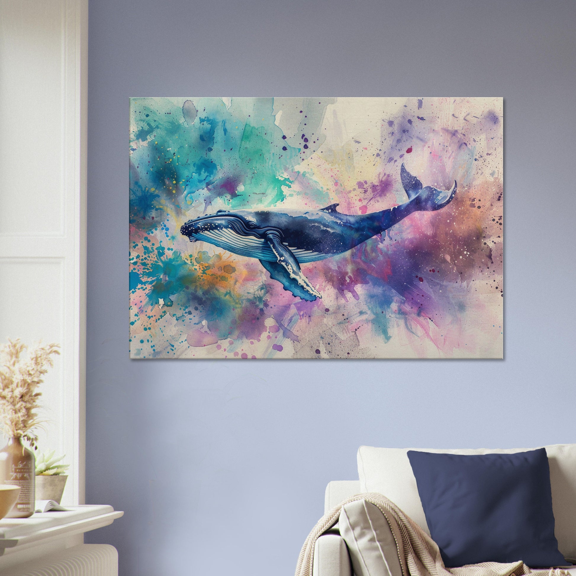 Watercolour Humpback Whale Canvas. Unique Whale Painting Print. Marine Animal, Nautical Decor Gift for Sea Life Lovers. Paint Splash Art - CanvasityCrafts - Free Shipping