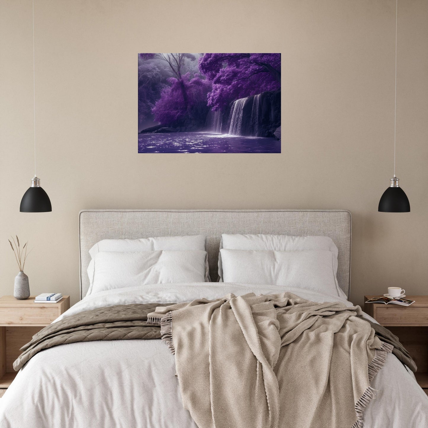 Lilac Waterfall in a Purple Fairytale Woodland on Canvas. Floral forest scene of violet. Home decor print office wall art, enchanted fantasy - CanvasityCrafts - Free Shipping