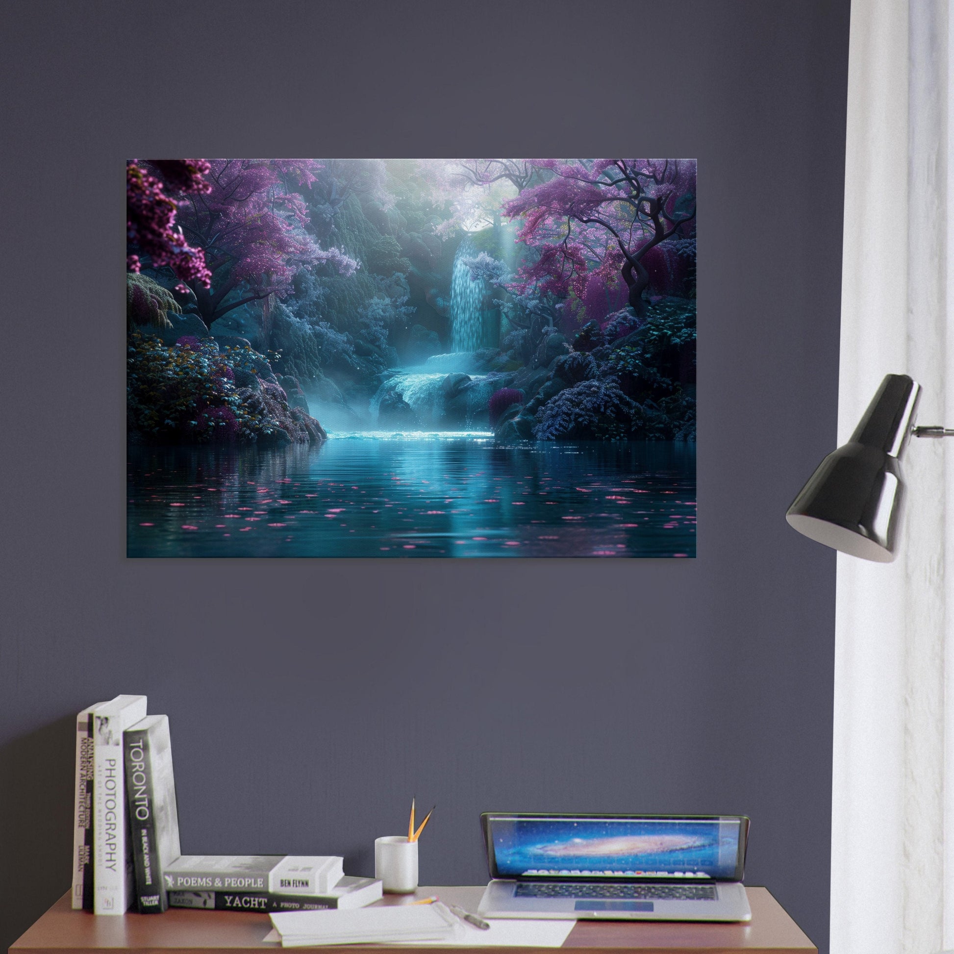 Enchanted Forest Waterfall Canvas. Unique fairytale landscape nature scene. Violet purple turquoise floral home decor print, office wall art - CanvasityCrafts - Free Shipping