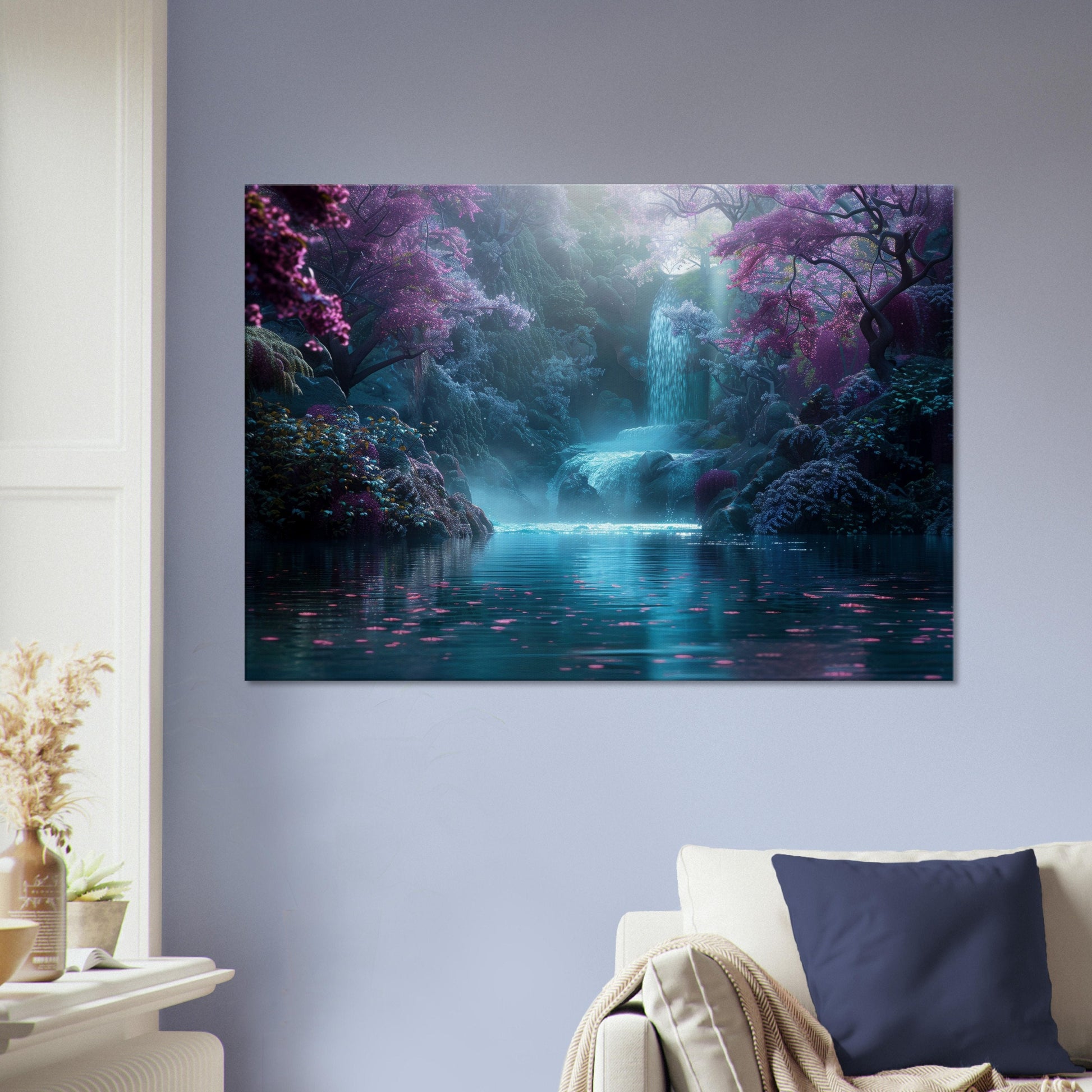 Enchanted Forest Waterfall Canvas. Unique fairytale landscape nature scene. Violet purple turquoise floral home decor print, office wall art - CanvasityCrafts - Free Shipping