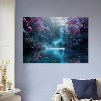 Enchanted Forest Waterfall Canvas. Unique fairytale landscape nature scene. Violet purple turquoise floral home decor print, office wall art - CanvasityCrafts - Free Shipping