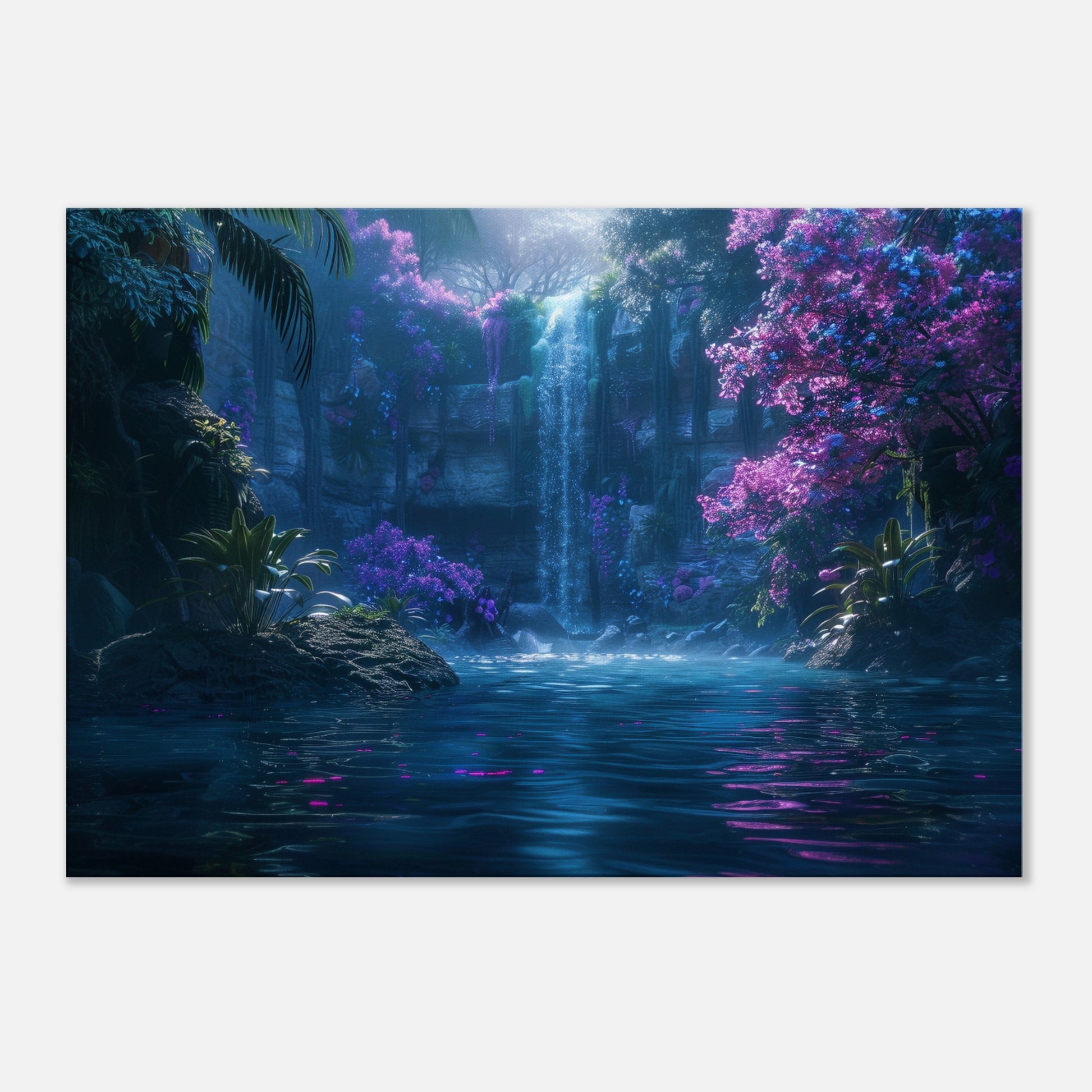 Fairytale Forest Waterfall Canvas. Unique fairytale landscape nature scene. Violet purple turquoise floral home decor print, office wall art - CanvasityCrafts - Free Shipping