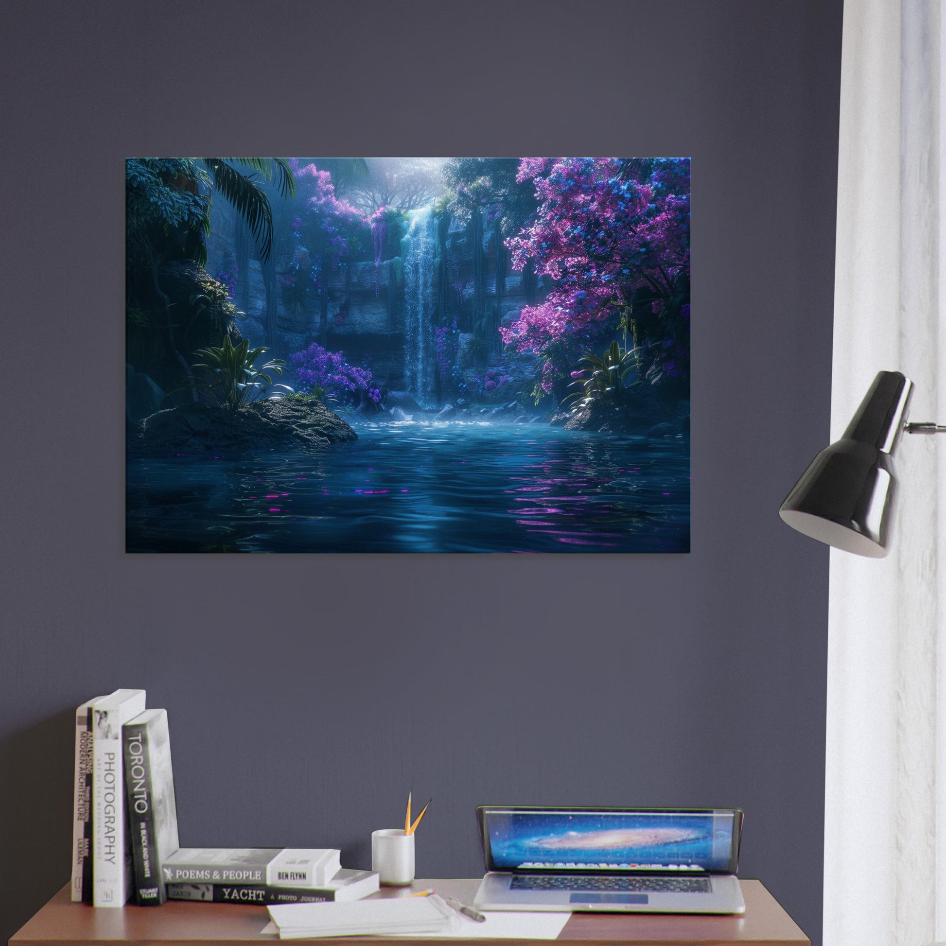 Fairytale Forest Waterfall Canvas. Unique fairytale landscape nature scene. Violet purple turquoise floral home decor print, office wall art - CanvasityCrafts - Free Shipping