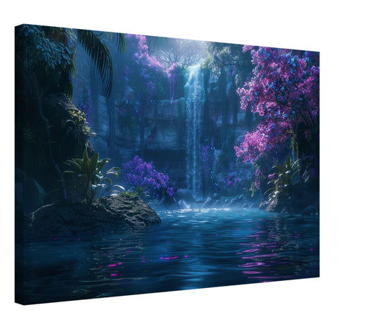 Fairytale Forest Waterfall Canvas. Unique fairytale landscape nature scene. Violet purple turquoise floral home decor print, office wall art - CanvasityCrafts - Free Shipping