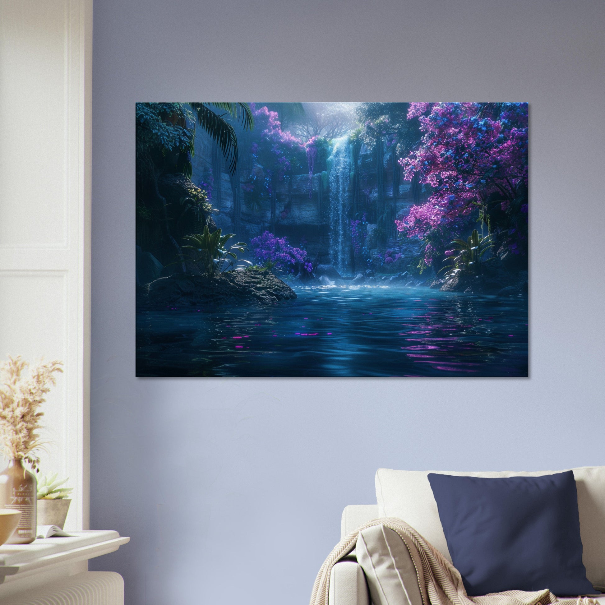 Fairytale Forest Waterfall Canvas. Unique fairytale landscape nature scene. Violet purple turquoise floral home decor print, office wall art - CanvasityCrafts - Free Shipping