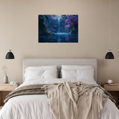 Fairytale Forest Waterfall Canvas. Unique fairytale landscape nature scene. Violet purple turquoise floral home decor print, office wall art - CanvasityCrafts - Free Shipping